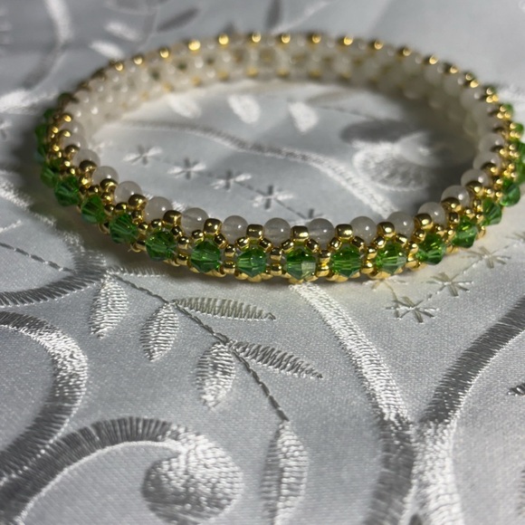 Hand Crafted Jewelry - Hand Crafted Jade Bangle Bracelet with Green Crystal Accent Beads Size Large
